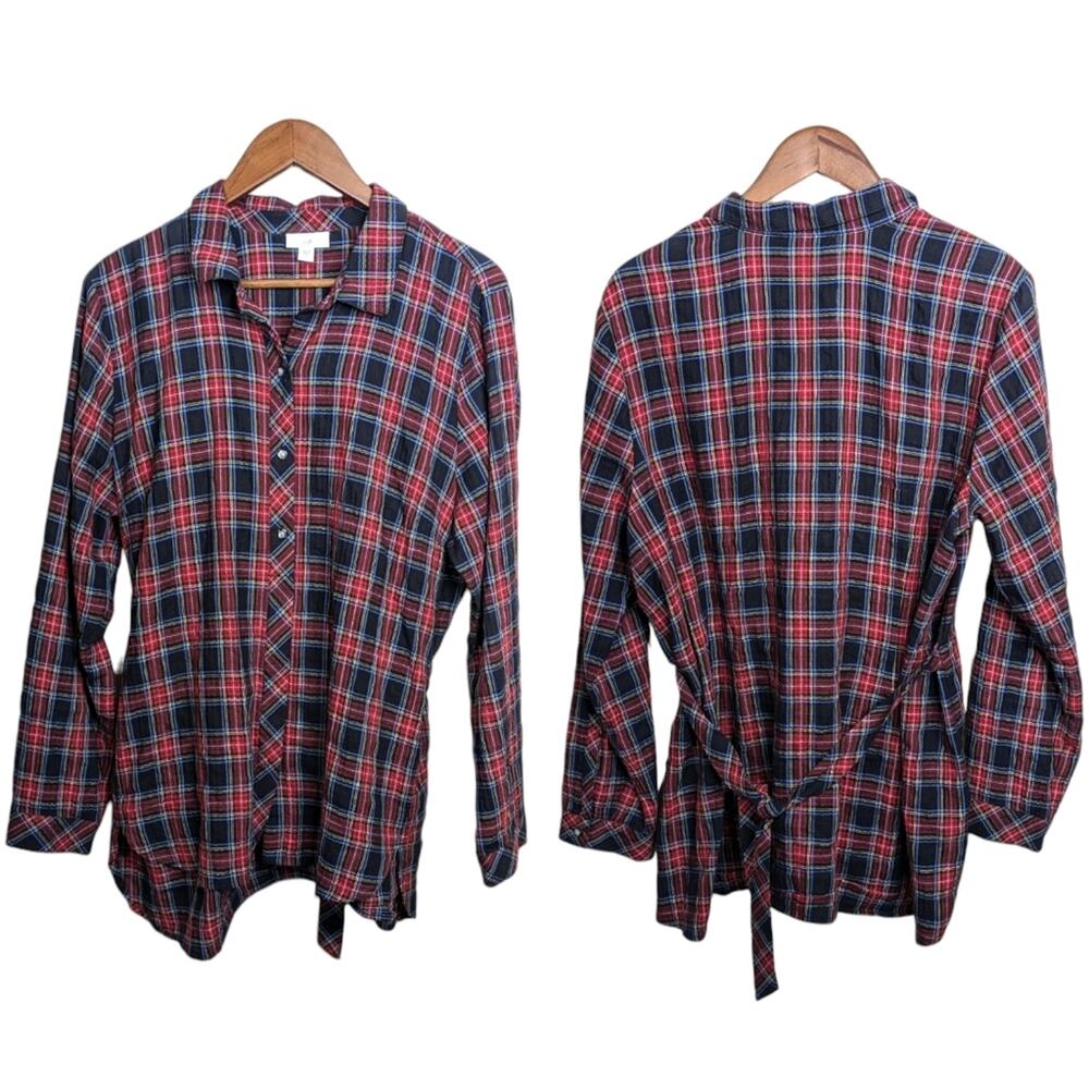 J. Jill Tartan Plaid Belted Shirt Dress Large Red Blue Button Holiday Classic